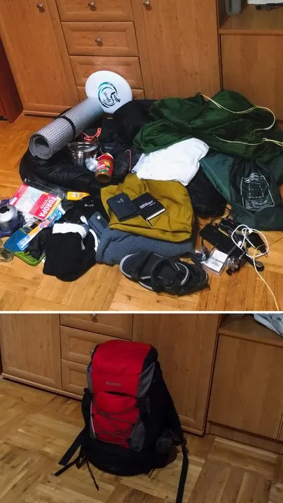 Travel gear before and after packing.